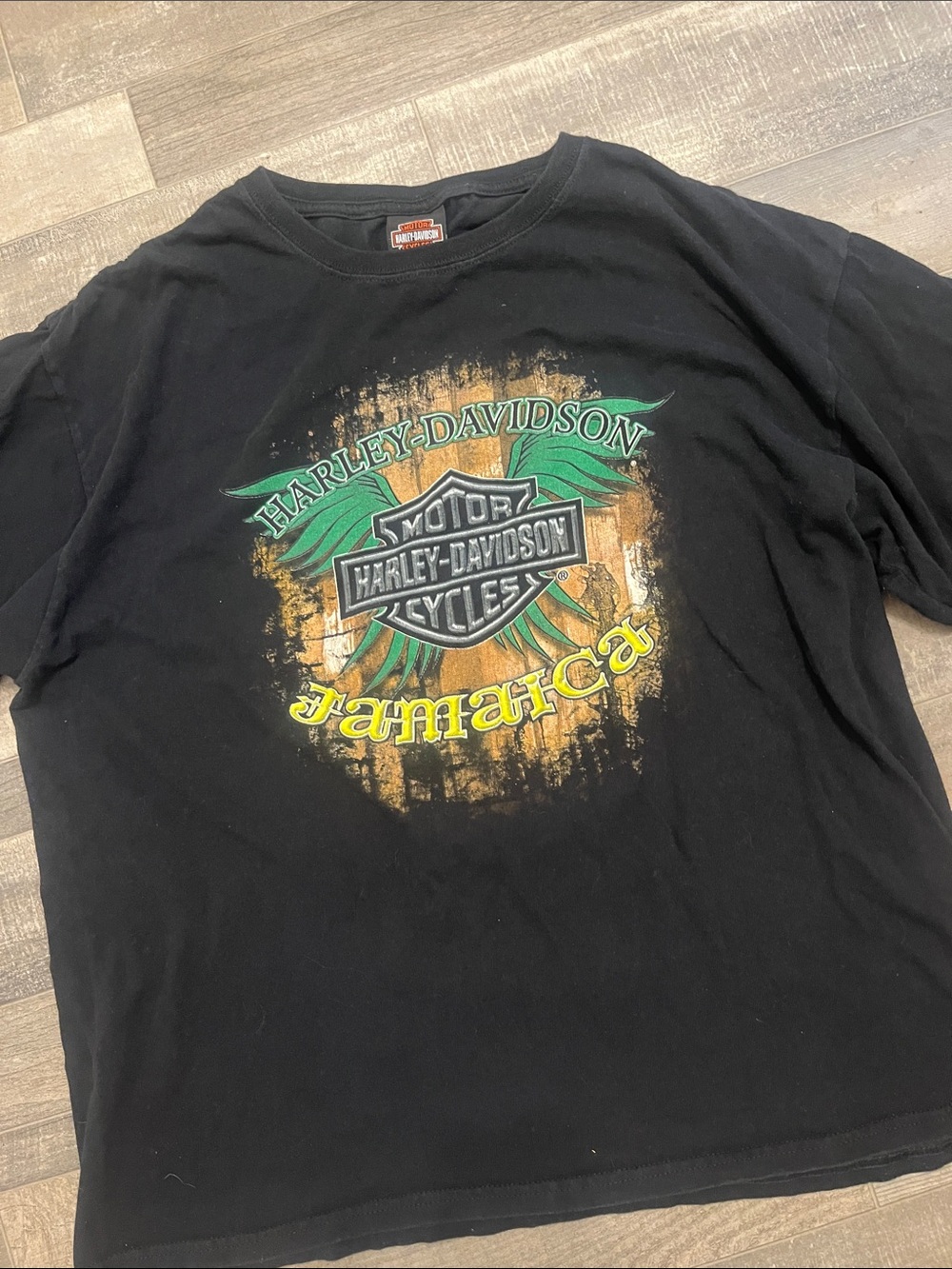 Harley-Davidson Black Tee with Green and Yellow Jamaica Graphic